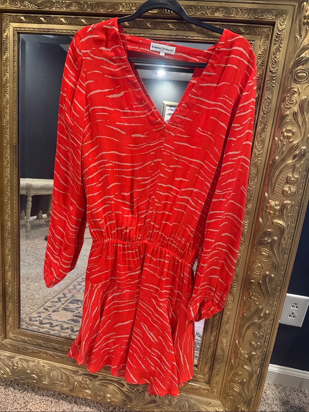 Karina Grimaldi Red V-Neck Long Sleeve Mini Dress with Cream Stripe